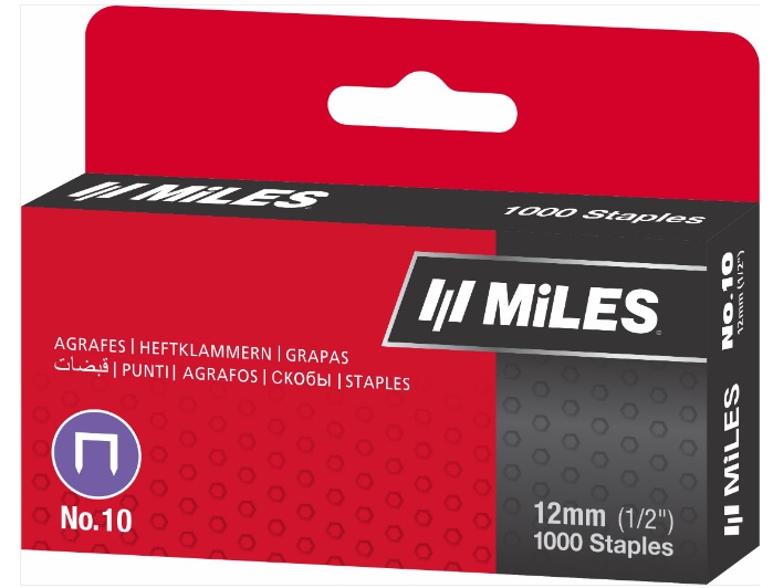 Скоби Miles No.10-1M, 1000 шт., ширина - 9,36 мм, висота - 4,85 мм, товщина - 0,50 мм (Miles, No.10-