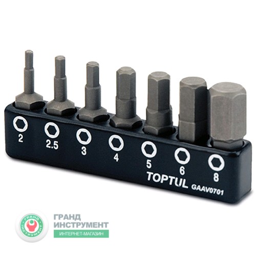 Набір біт шестигранних TOPTUL 1/4" 7ед. (Hex: 2, 2.5, 3, 4, 5, 6, 8mm) GAAV0701