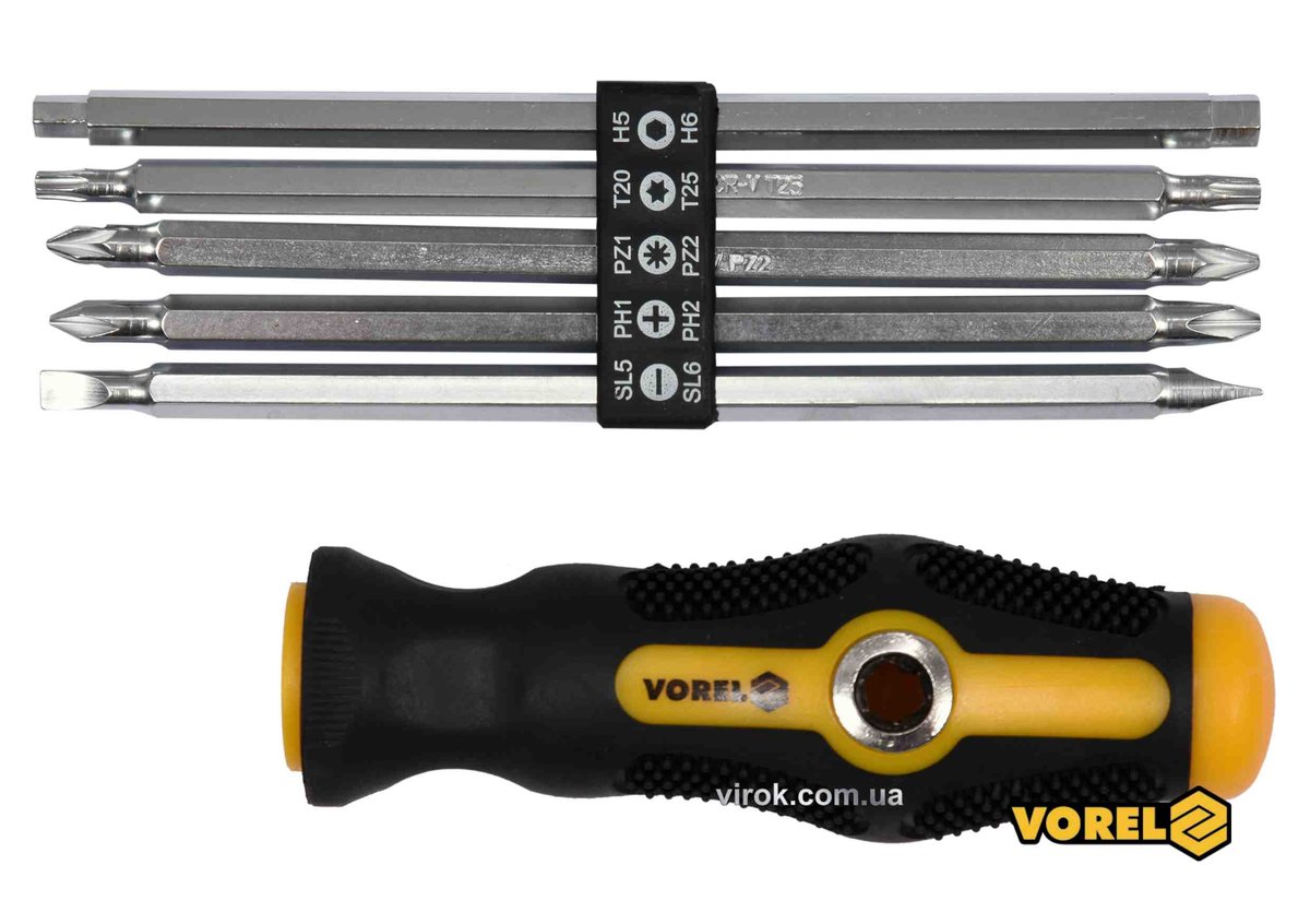 Викрутка двостороння VOREL 64960 : L= 175 мм, (5 насадок) SL, PH, PZ,TORX, HEX, Cr-V, [12/48] 64960