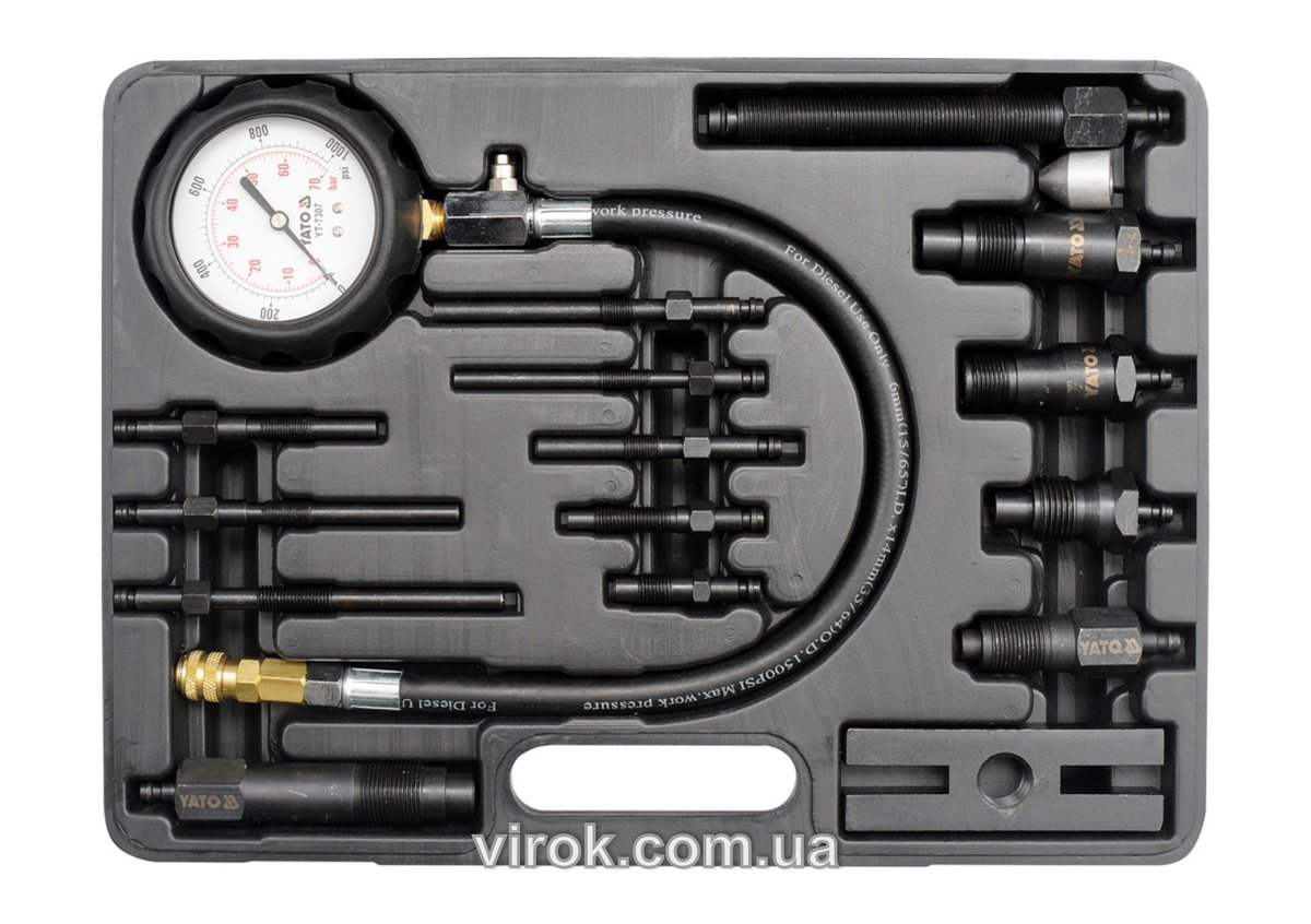 Компресометр для дизельних двигунів YATO : 7 МПа, зі спорядженням, 16 шт + кейс [5] YT-7307