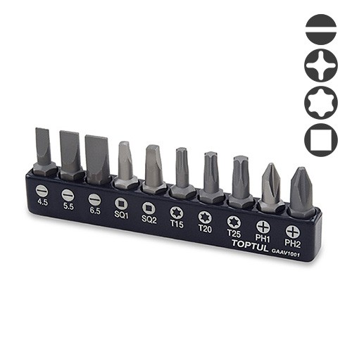 Набір біт для шурупокрута TOPTUL 1/4" 10 од. (PH,SL,Torx,SQ) GAAV1001
