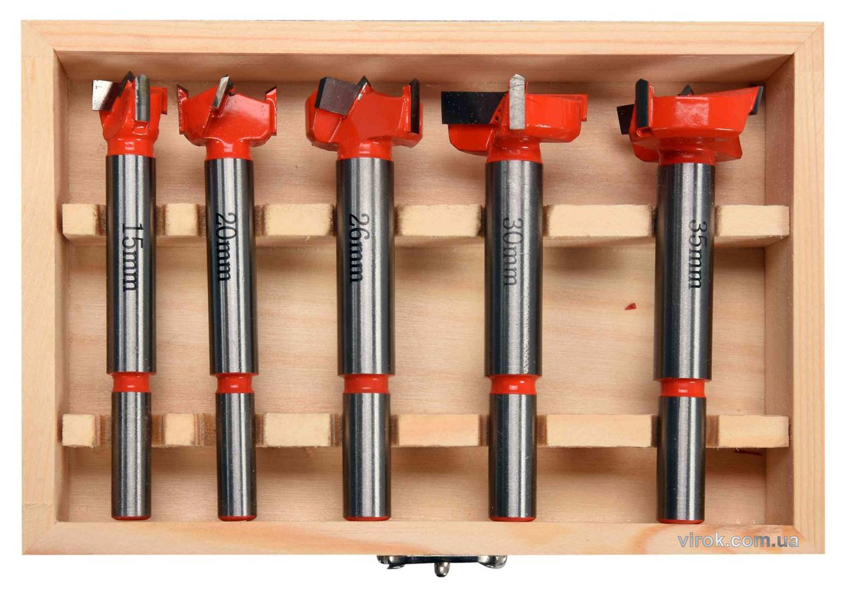 Набір свердл-фрез по дереву YATO : Ø= 15-35 мм, зі шпинделями Ø= 8, 10 мм, у футлярі, 5 шт. [20] YT-