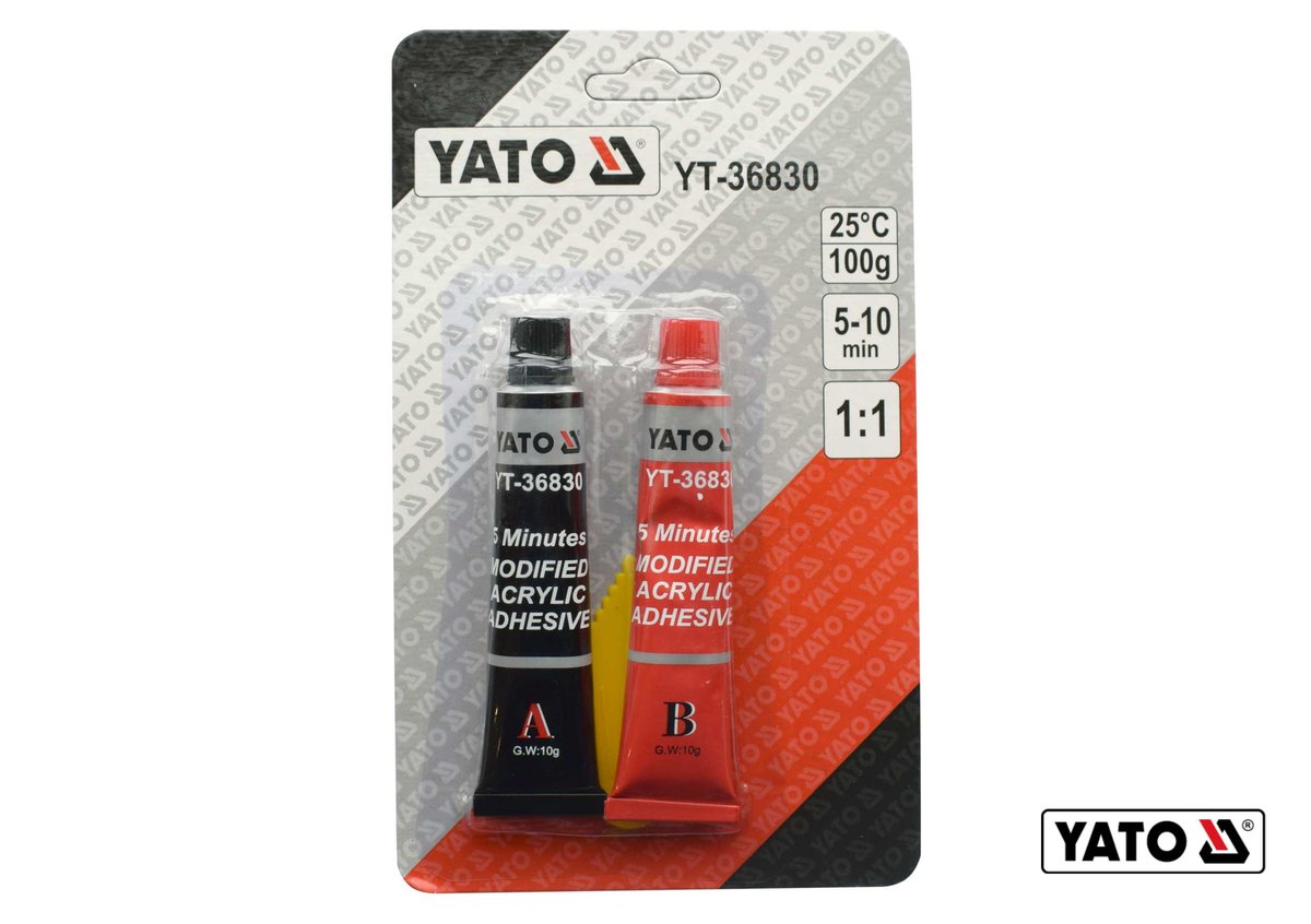 Клей 2-компонентний акриловий YATO : схоплення- 5-10 хв, повна міцність- 24 год, в тюбиках по 10 г Y