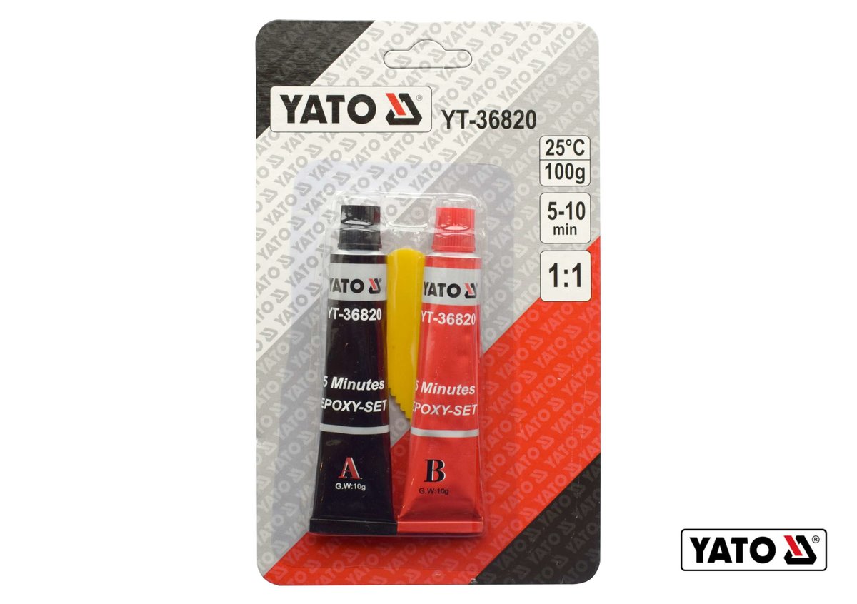 Клей 2-компонентний епоксидний YATO : схоплення- 5-10 хв, повна міцність- 12 год, в тюбиках по 10 г