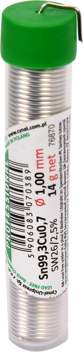 Припій без свинцю CYNEL : Ø1 мм, Sn99,3-Cu0,7 дротяний в капсулі з флюсом m= 14 г [250] 76870