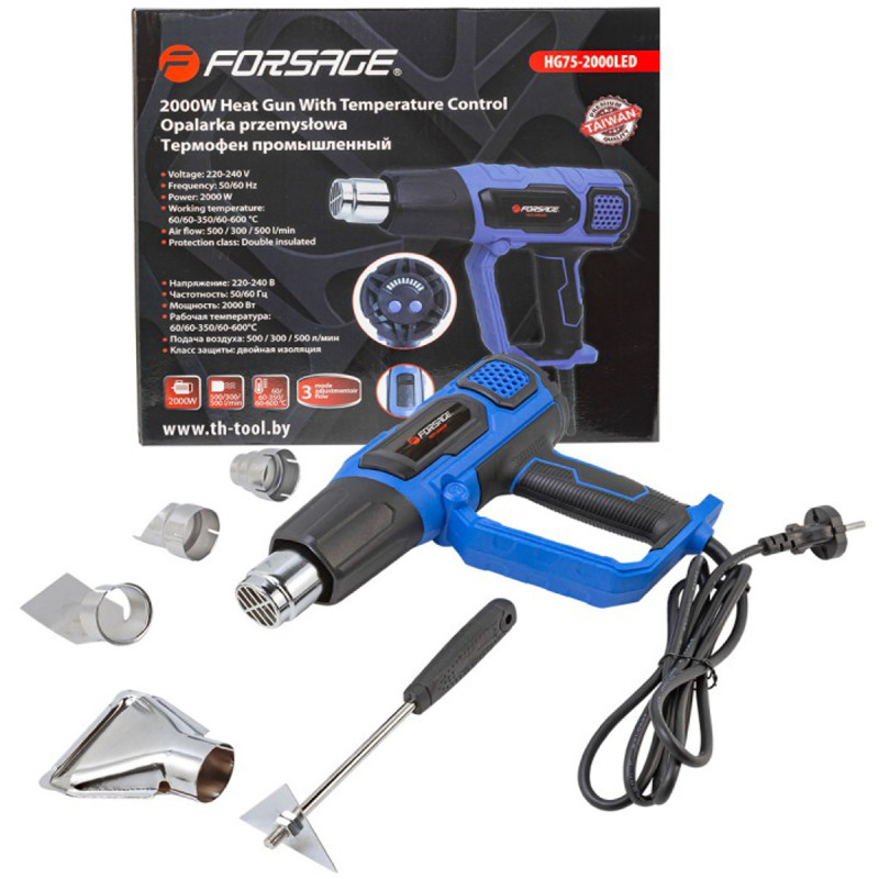 Фен промышленный электрический с индикатором температуры и насадками(220В,50/60Гц,2000Вт, 60/350/600