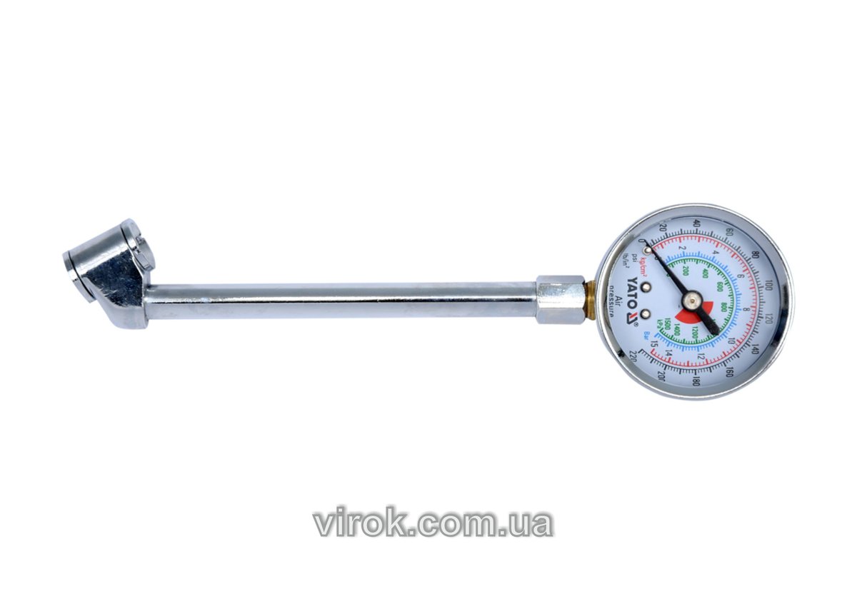 Манометр до коліс вантажних авто YATO : L= 140 мм, P= 0-15 Bar (220 PSI) [25/100] YT-24301