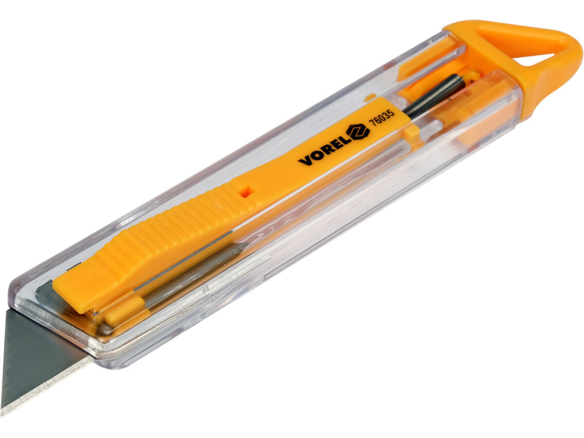 Ніж з висувним трапецевидним лезом VOREL: безпечний, 130х24 мм, лезо 61x19 мм [24/288] 76035