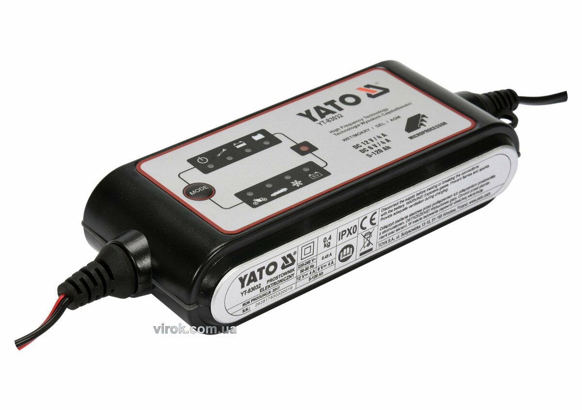 Перетворювач напруги YATO з мережі 230 В AC в 6-12В DC,для заряджання акумуляторів;4А,5-120 АГод(DW)