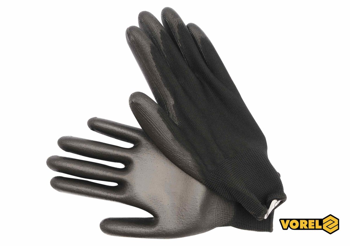 Рукавиці робочі VOREL: чорні, поліестер покритий поліуретаном, розмір 10 [12/120] 74080