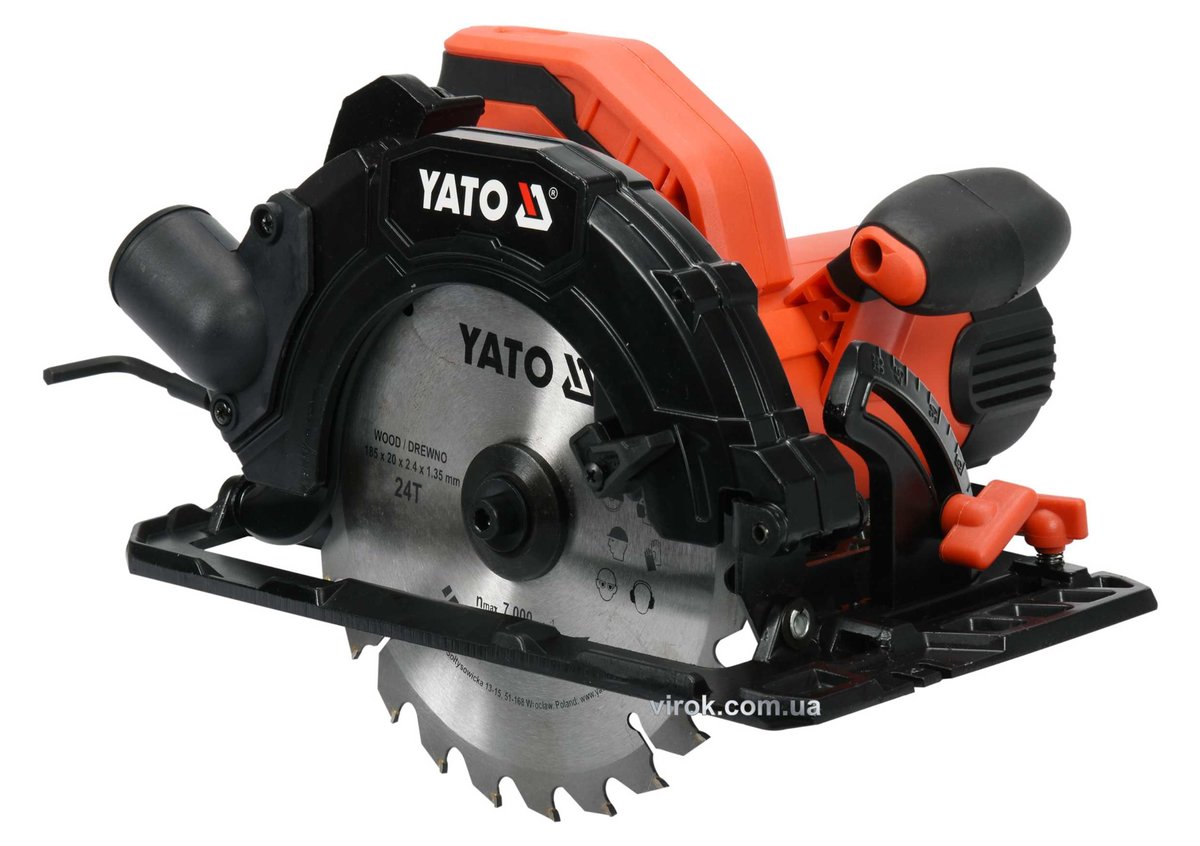 Пила дискова мережева YATO: P=1.5кВт, для диска Ø= 185/20мм, макс. h=2.8мм, кут 0-45° [2/40] YT-8215