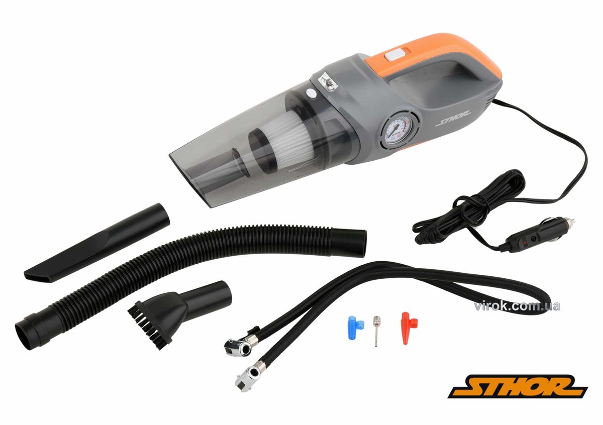 Порохотяг автомобільний STHOR: 12В, 80Вт, фільтр HEPA, з компресором 120Вт,1МПа, 20л/хв+сумка[12/48]