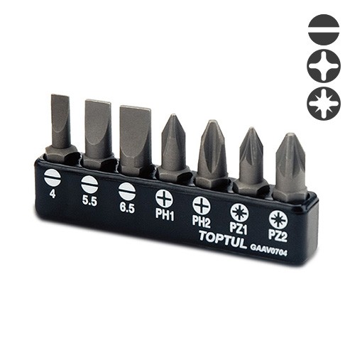 Набір біт TOPTUL 1/4" 7ед. (SL: 4*0.5, 5.5*1, 6.5*1.2; PH1, PH2; PZ1, PZ2) GAAV0704