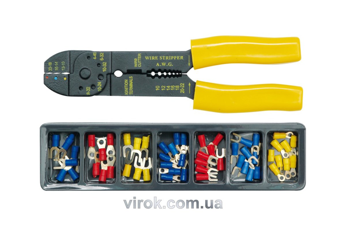 Кліщі для обтискання і зачистки проводів VOREL з контактними наконечниками, кпл. 100 шт. [25/50] 450